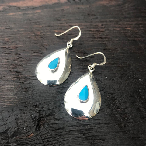 'White Isle' Blue Turquoise Domed Sterling Silver Drop Earrings