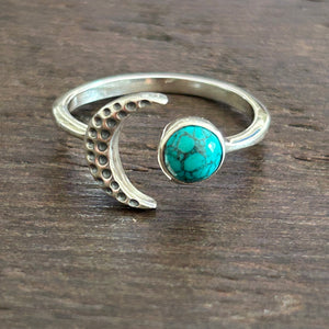 Crescent Moon Adjustable Sterling Silver Ring - Turquoise