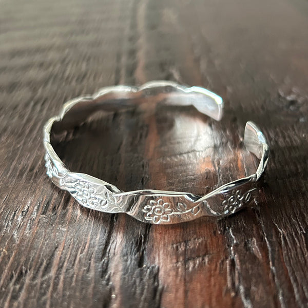 Hand Stamped Flower Pattern Sterling Silver Cuff Bangle