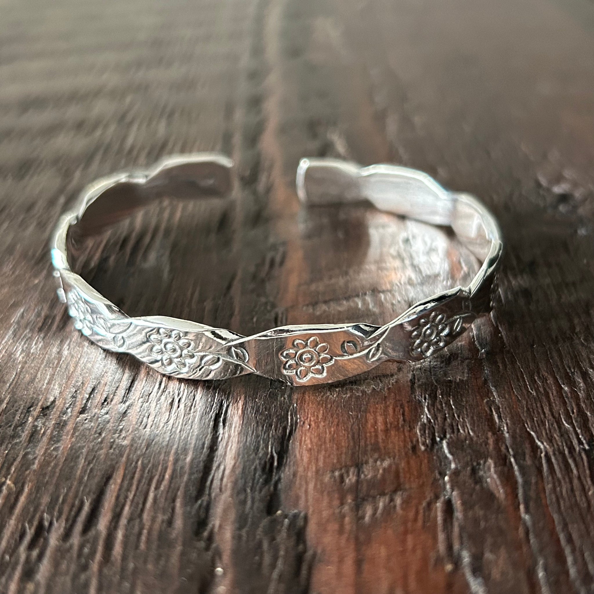 Hand Stamped Flower Pattern Sterling Silver Cuff Bangle