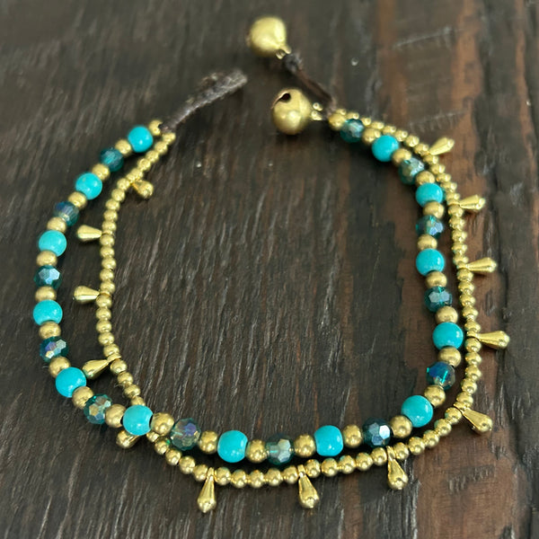 'Bead Love' 2 Strand Droplet Bead Anklet (Blue Turquoise & Green)