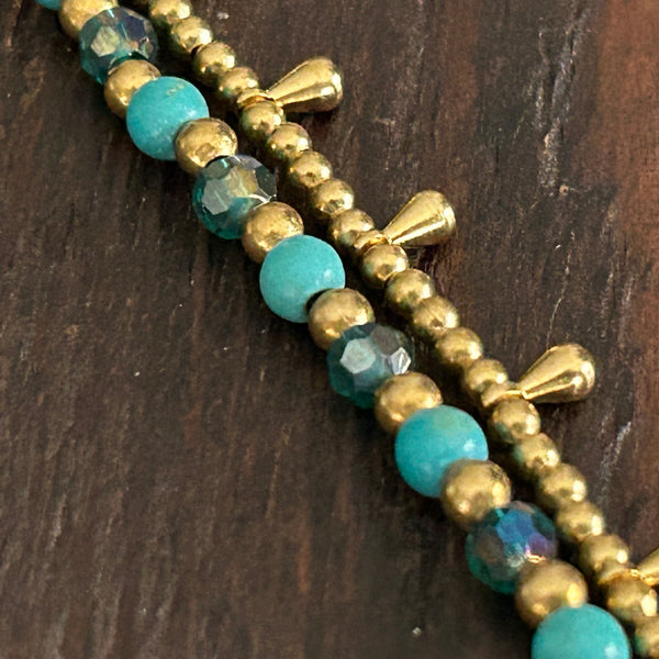 'Bead Love' 2 Strand Droplet Bead Anklet (Blue Turquoise & Green)