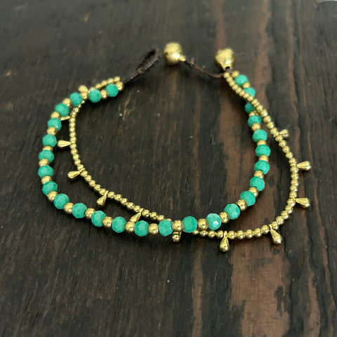 'Bead Love' 2 Strand Droplet Bead Anklet (Lighter Green Turquoise)