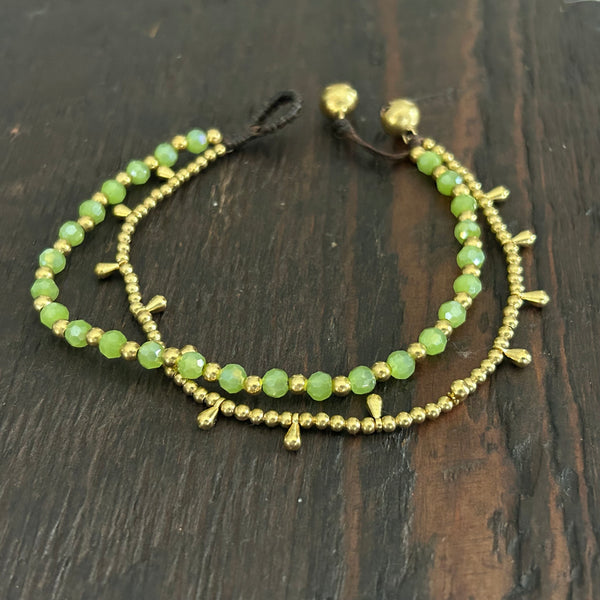 'Bead Love' 2 Strand Droplet Bead Anklet (Bright Green)