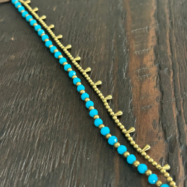 'Bead Love' 2 Strand Droplet Bead Anklet (Mid Blue)