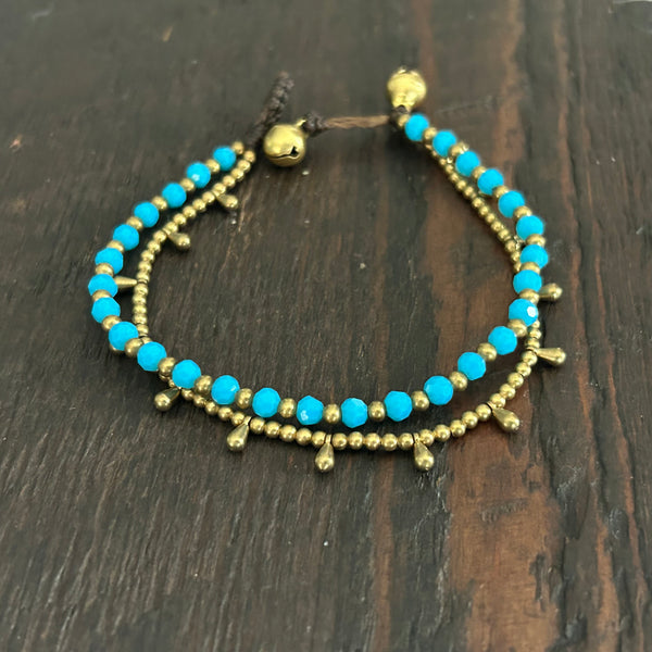 'Bead Love' 2 Strand Droplet Bead Anklet (Mid Blue)