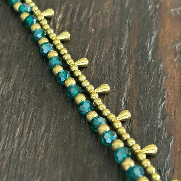 'Bead Love' 2 Strand Droplet Bead Anklet (Dark Green Glass)