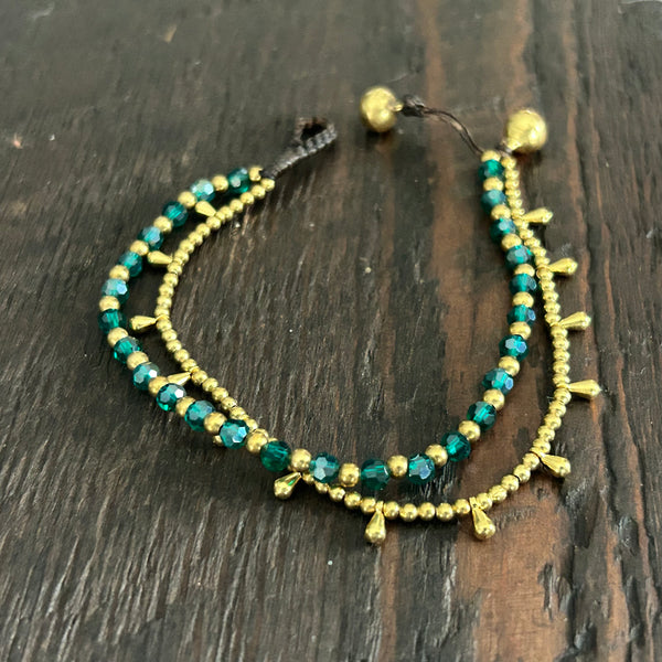 'Bead Love' 2 Strand Droplet Bead Anklet (Dark Green Glass)