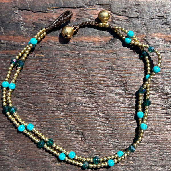 'Bead Love' 2 Strand Anklet (Turquoise & Dark Green)