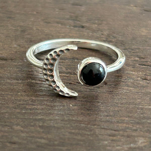 Crescent Moon Adjustable Sterling Silver Ring - Onyx