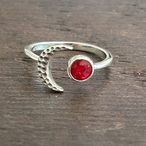 Crescent Moon Adjustable Sterling Silver Ring - Ruby colour
