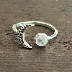Crescent Moon Adjustable Sterling Silver Ring - Moonstone