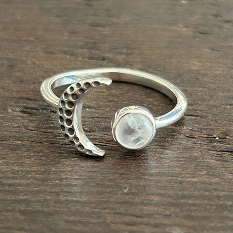 Crescent Moon Adjustable Sterling Silver Ring - Moonstone