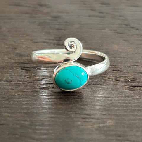 Simple Swirl Adjustable Sterling Silver Ring - Turquoise