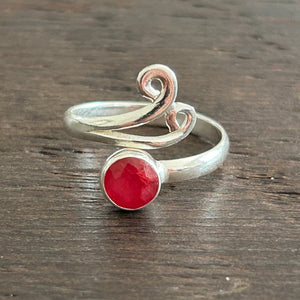 Larger Double Swirl Adjustable Sterling Silver Ring - Ruby colour