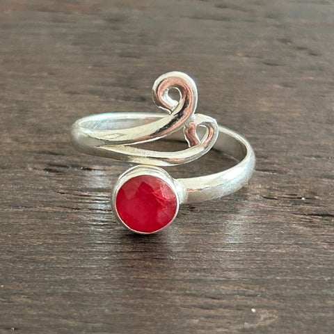 Larger Double Swirl Adjustable Sterling Silver Ring - Ruby colour