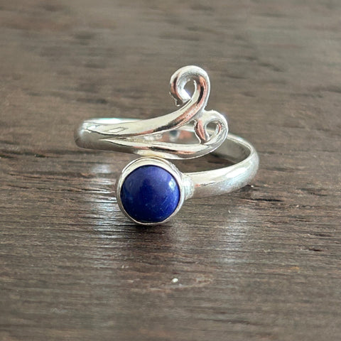 Larger Double Swirl Adjustable Sterling Silver Ring - Lapis