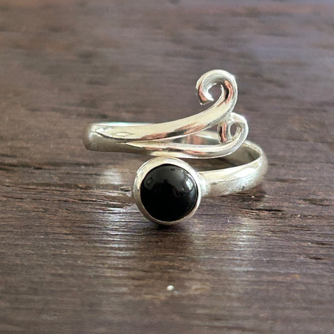 Larger Double Swirl Adjustable Sterling Silver Ring - Onyx
