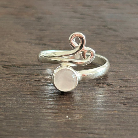 Larger Double Swirl Adjustable Sterling Silver Ring - Rose Quartz