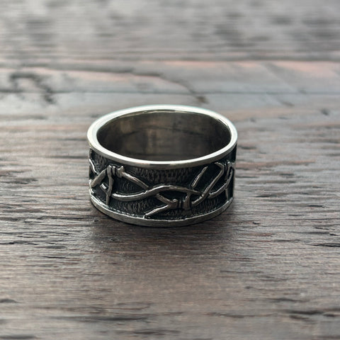 Barbed Wire Pattern Chunky Sterling Silver Band Ring