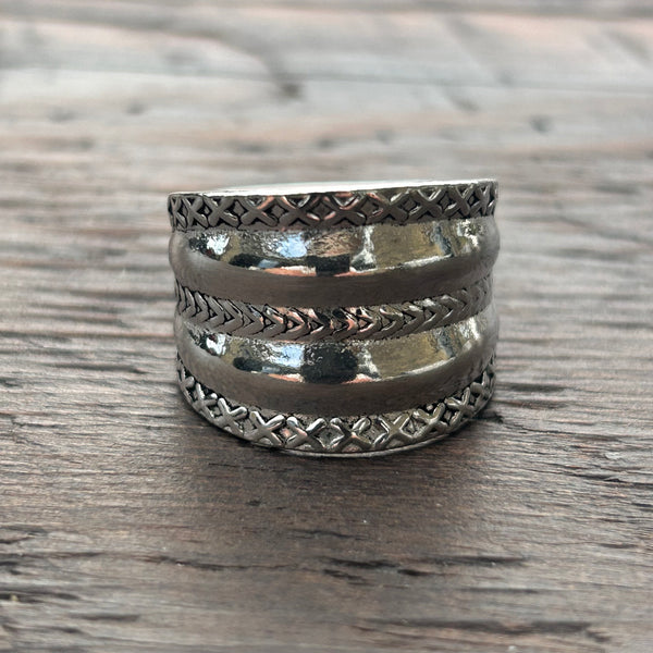 Wide Embossed Sterling Silver Ring - Crosses