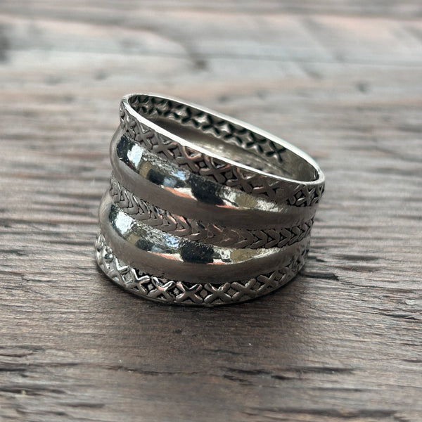 Wide Embossed Sterling Silver Ring - Crosses