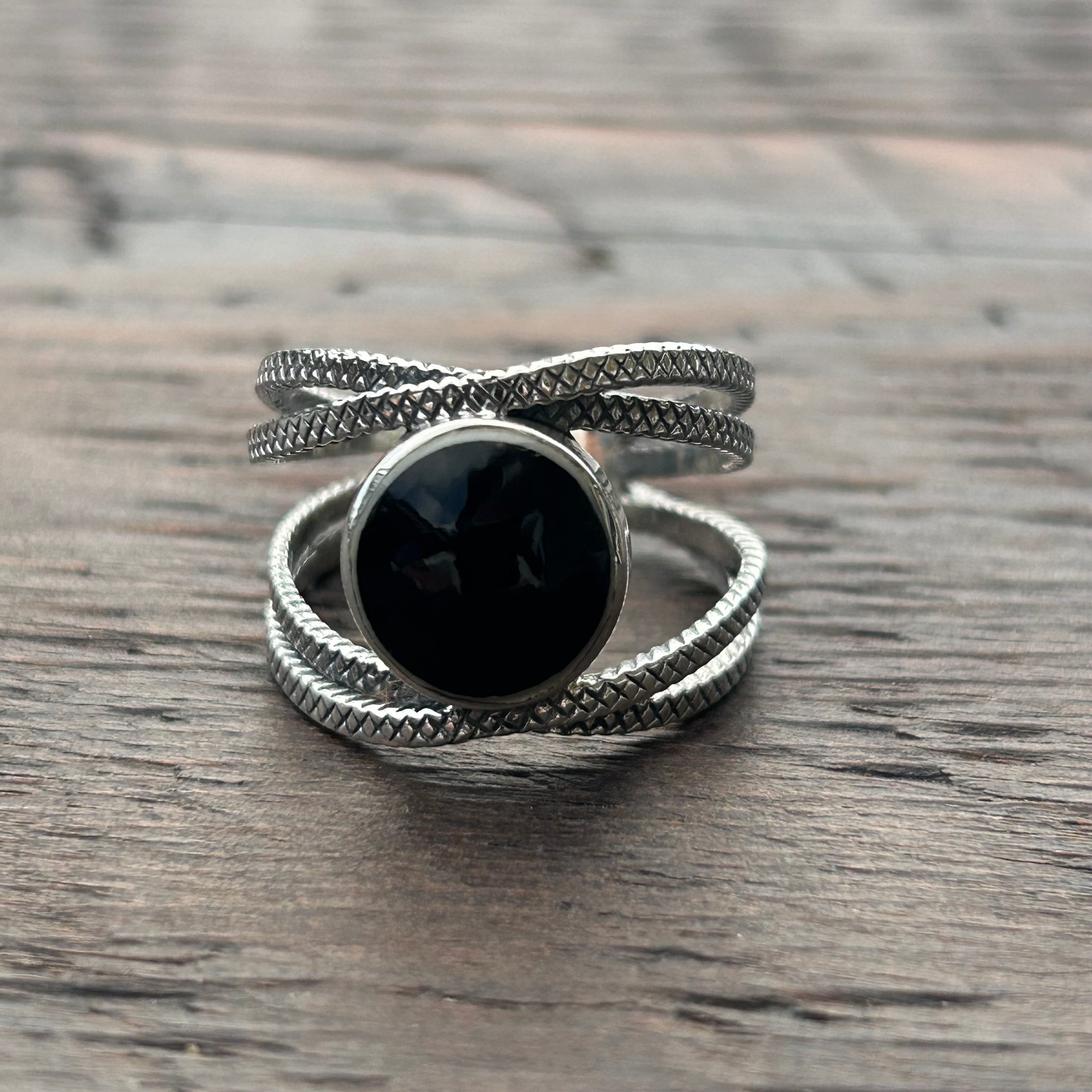 Adjustable Sterling Silver Ring with Black Onyx