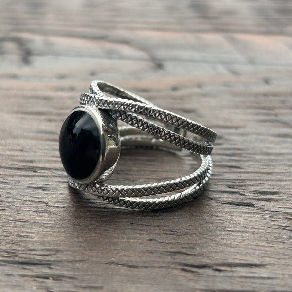 Adjustable Sterling Silver Ring with Black Onyx