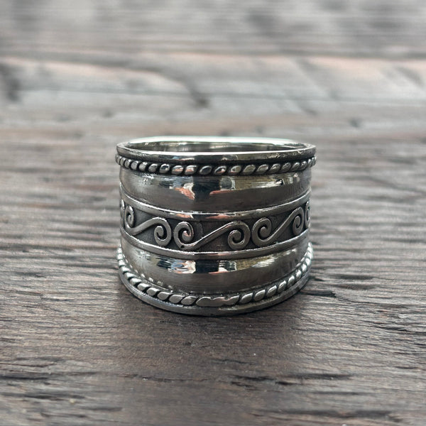 Wide Embossed Sterling Silver Ring - Swirls