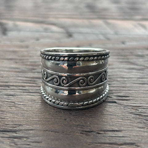 Wide Embossed Sterling Silver Ring - Swirls