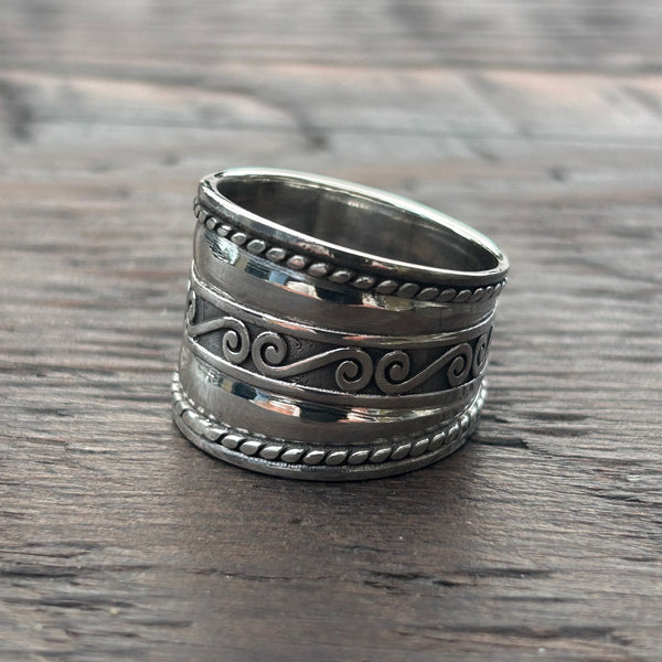 Wide Embossed Sterling Silver Ring - Swirls