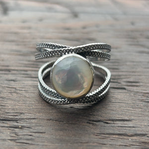 Adjustable Sterling Silver Ring with White Mother of Pearl