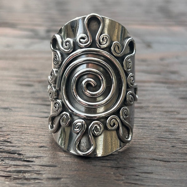 Large Shield with Spirals Sterling Silver Ring