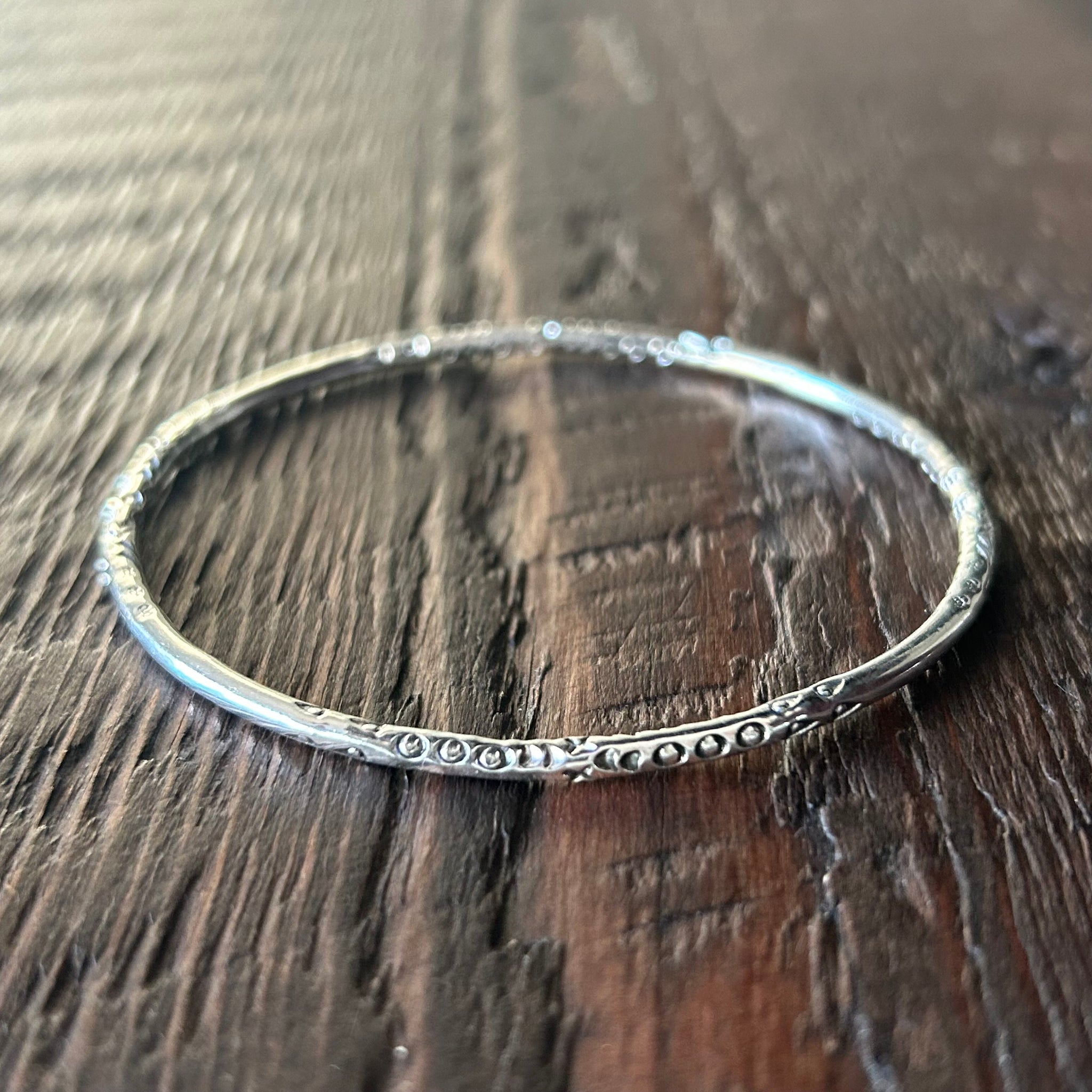 Round Slim Hand Stamped Sterling Silver Bangle