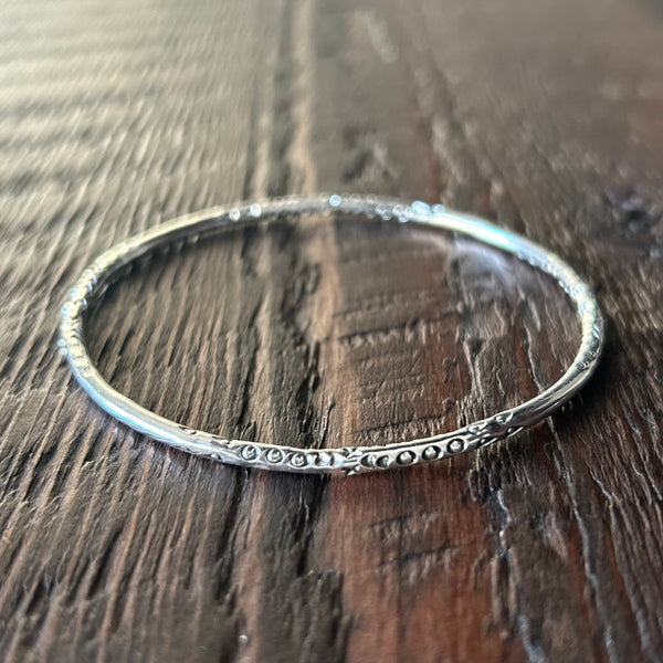 Round Slim Hand Stamped Sterling Silver Bangle