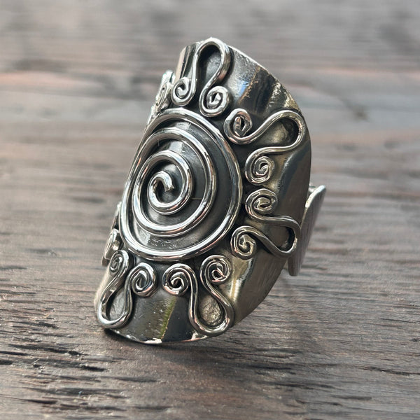 Large Shield with Spirals Sterling Silver Ring