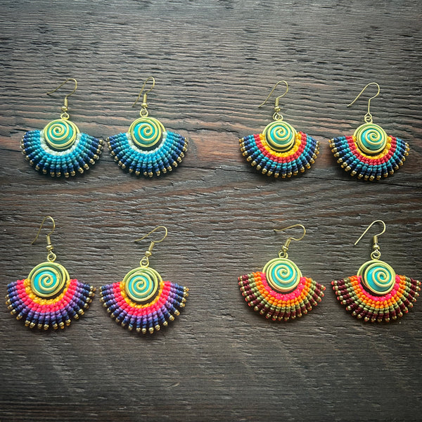 'Tri-Beca' Embroidered Spiral & Ball Macrame Earrings