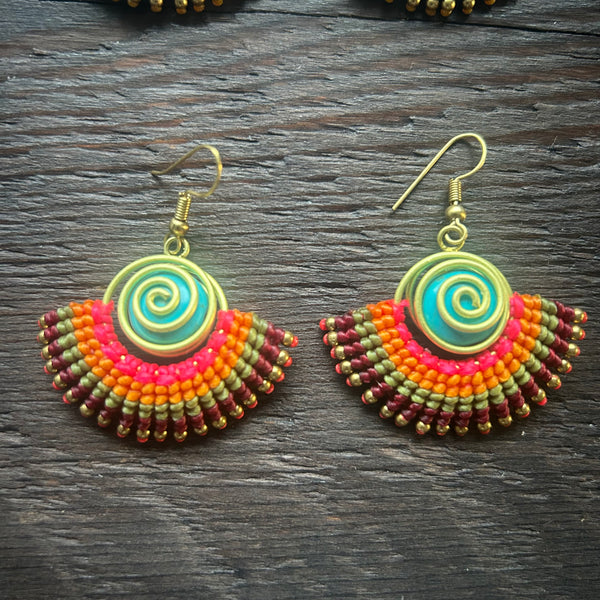 'Tri-Beca' Embroidered Spiral & Ball Macrame Earrings