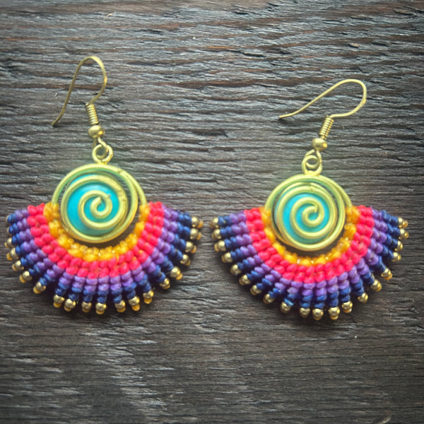 'Tri-Beca' Embroidered Spiral & Ball Macrame Earrings