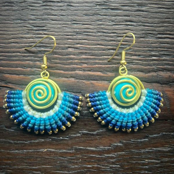 'Tri-Beca' Embroidered Spiral & Ball Macrame Earrings