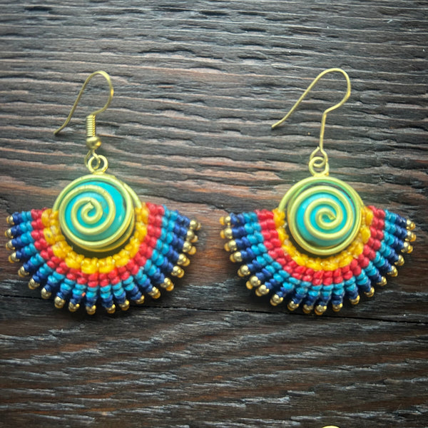 'Tri-Beca' Embroidered Spiral & Ball Macrame Earrings