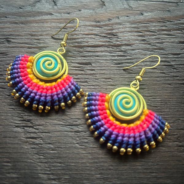 'Tri-Beca' Embroidered Spiral & Ball Macrame Earrings