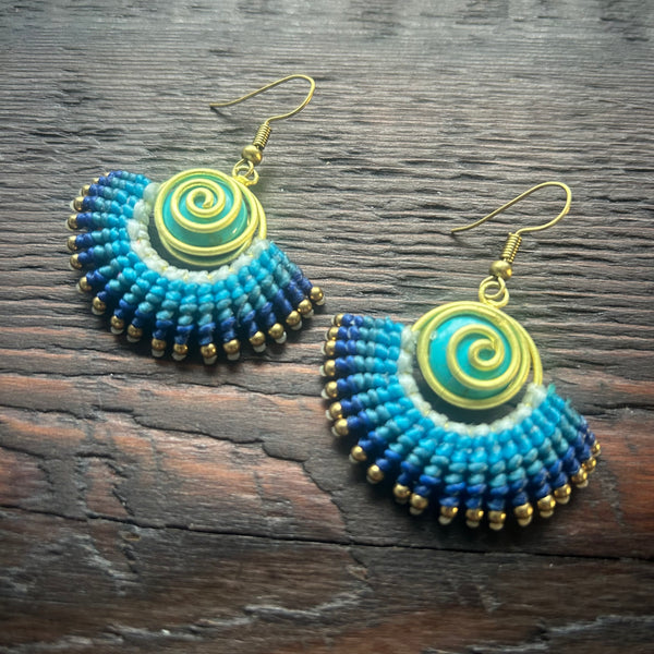 'Tri-Beca' Embroidered Spiral & Ball Macrame Earrings