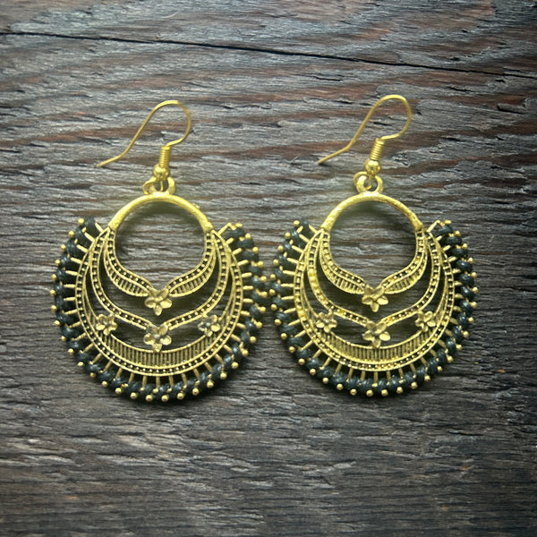 'Ethnic Vibes' Crescent Flowers Earrings - Black