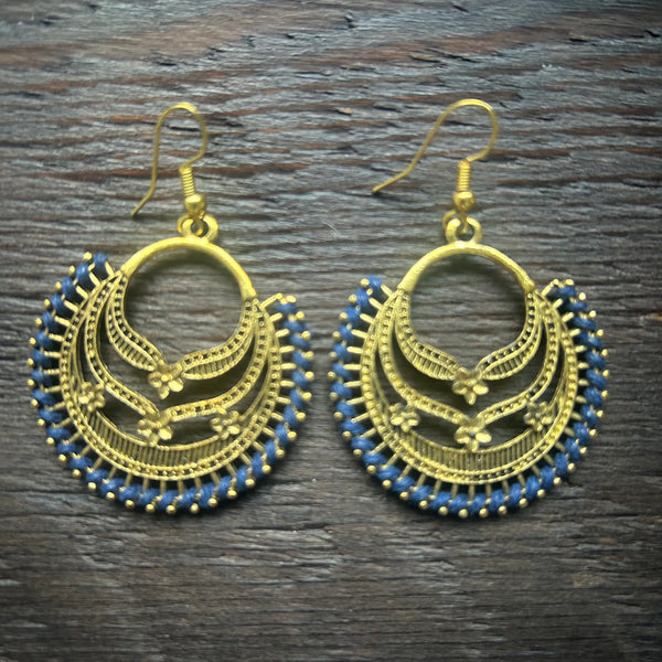 'Ethnic Vibes' Crescent Flowers Earrings - Blue