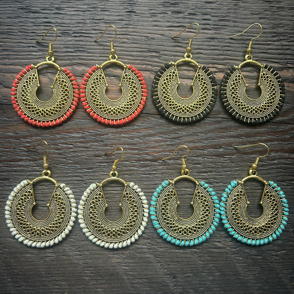 'Ethnic Vibes' Round with Swirls Earrings - Black