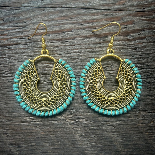 'Ethnic Vibes' Round with Swirls Earrings - Turquoise