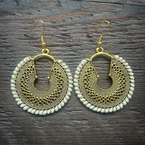 'Ethnic Vibes' Round with Swirls Earrings - White