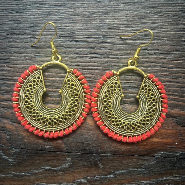 'Ethnic Vibes' Round with Swirls Earrings - Red
