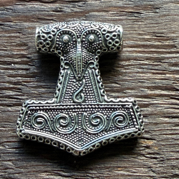 Thor's Hammer Mjolnir / Viking Raven Head Sterling Silver Pendant